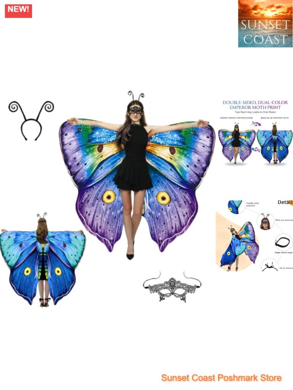 Double Sided Butterfly Costume Wings Cape Mask Headband Set Halloween Cosplay